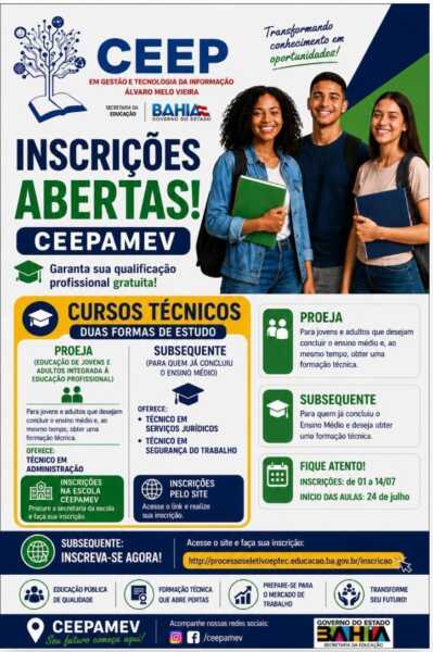 CEEP Álvaro Melo Vieira abre inscrições para Cursos Técnicos Gratuitos em Ilhéus